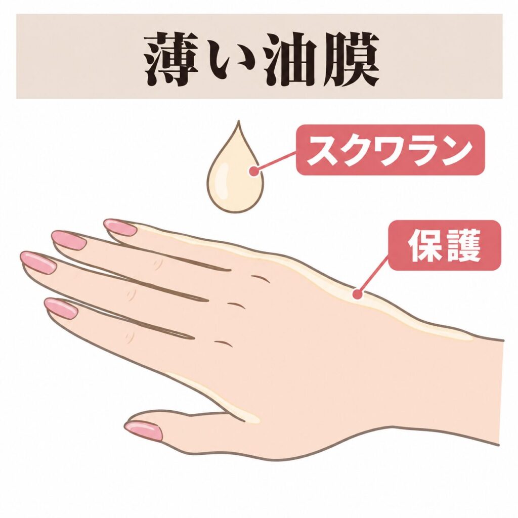 スクワランが薄い油膜で手を保護する図