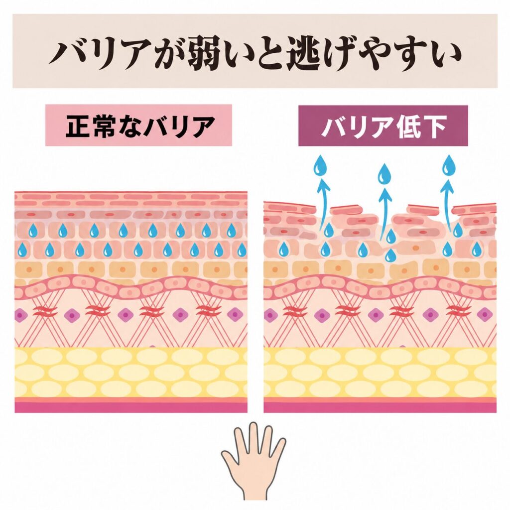 バリア機能の低下で保湿が効きにくい図