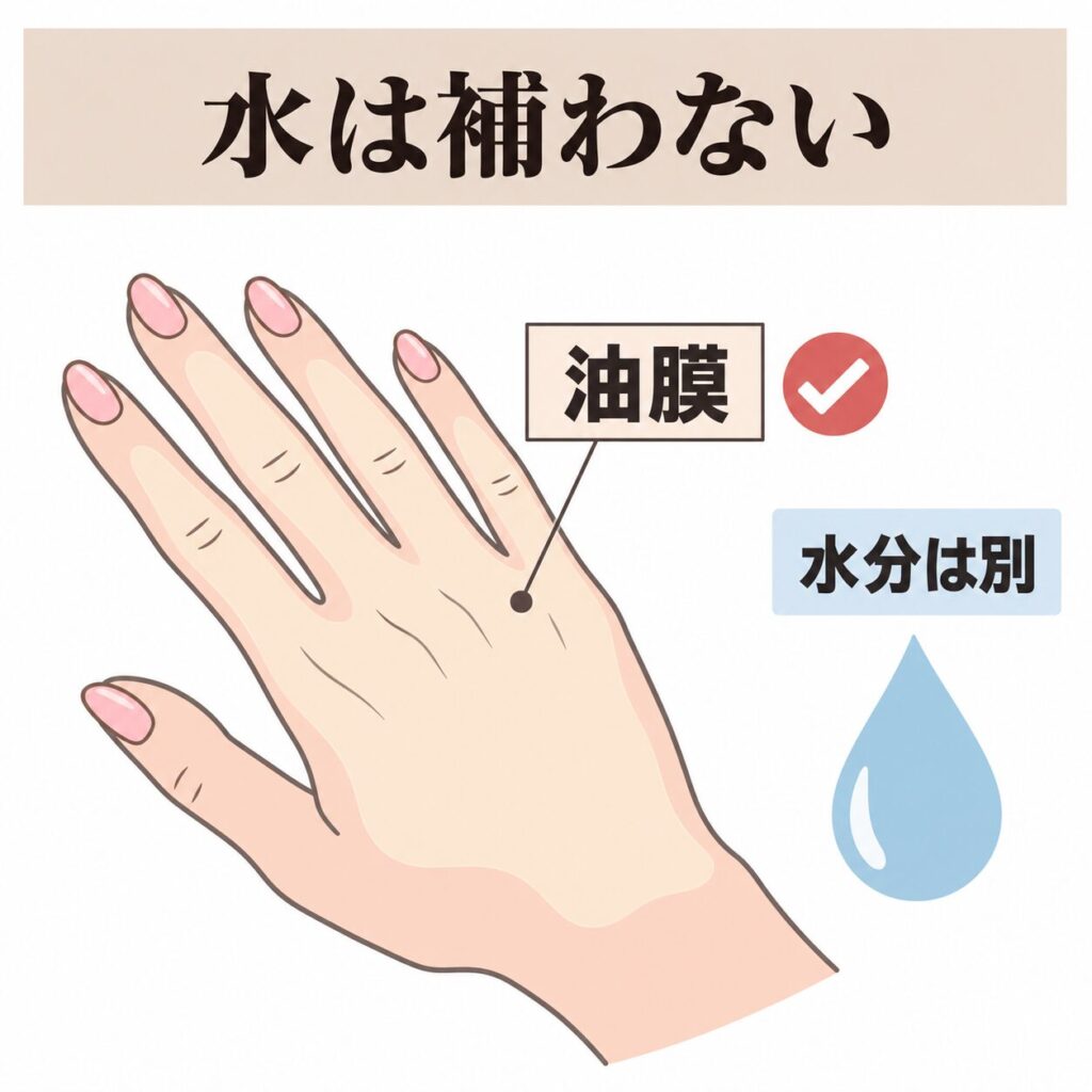 ワセリンは水分補給ではなく油膜であることを示す図