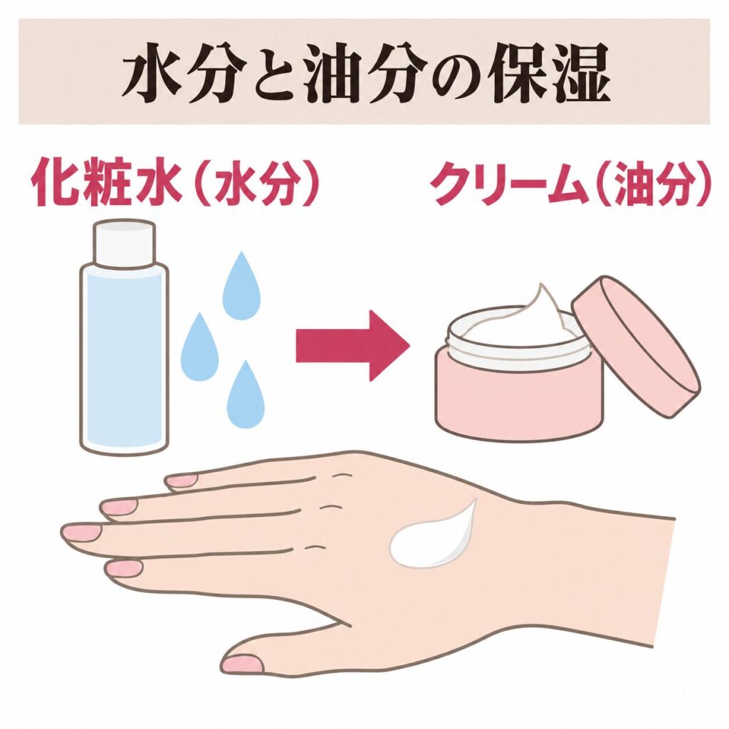 冬の保湿方法で水分と油分を補う図