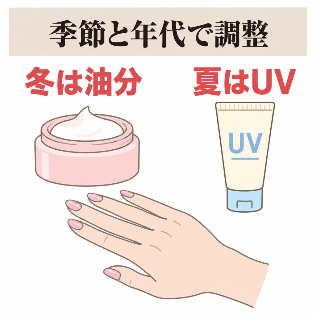 季節と年代で変える手のケアの図