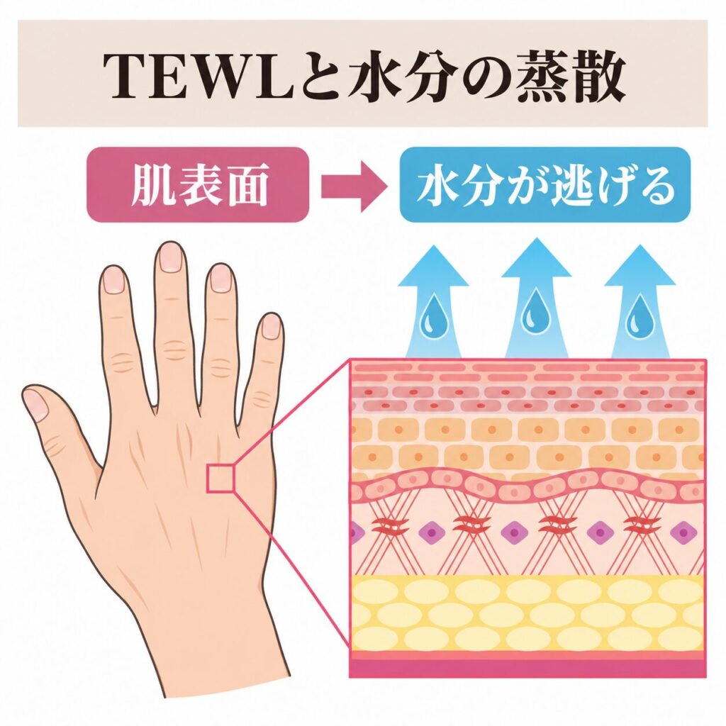 TEWLが高いと水分が蒸散しやすい図