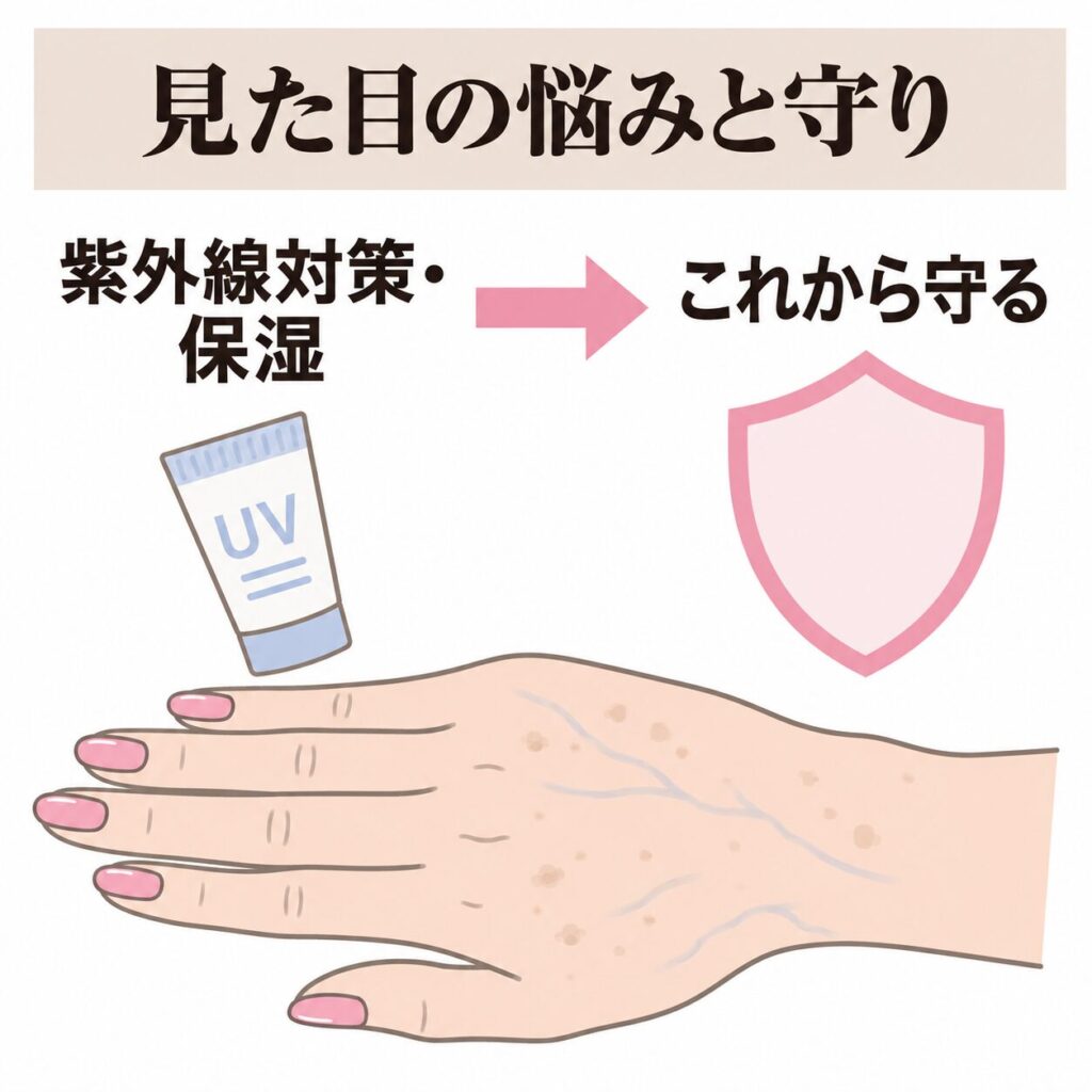 シミや血管浮きなど見た目の悩みとホームケアの図