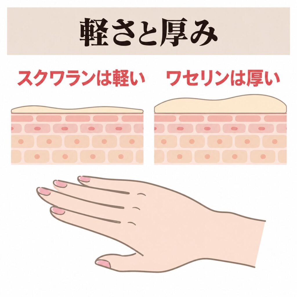 スクワランとワセリンの油膜の軽さの違いの図