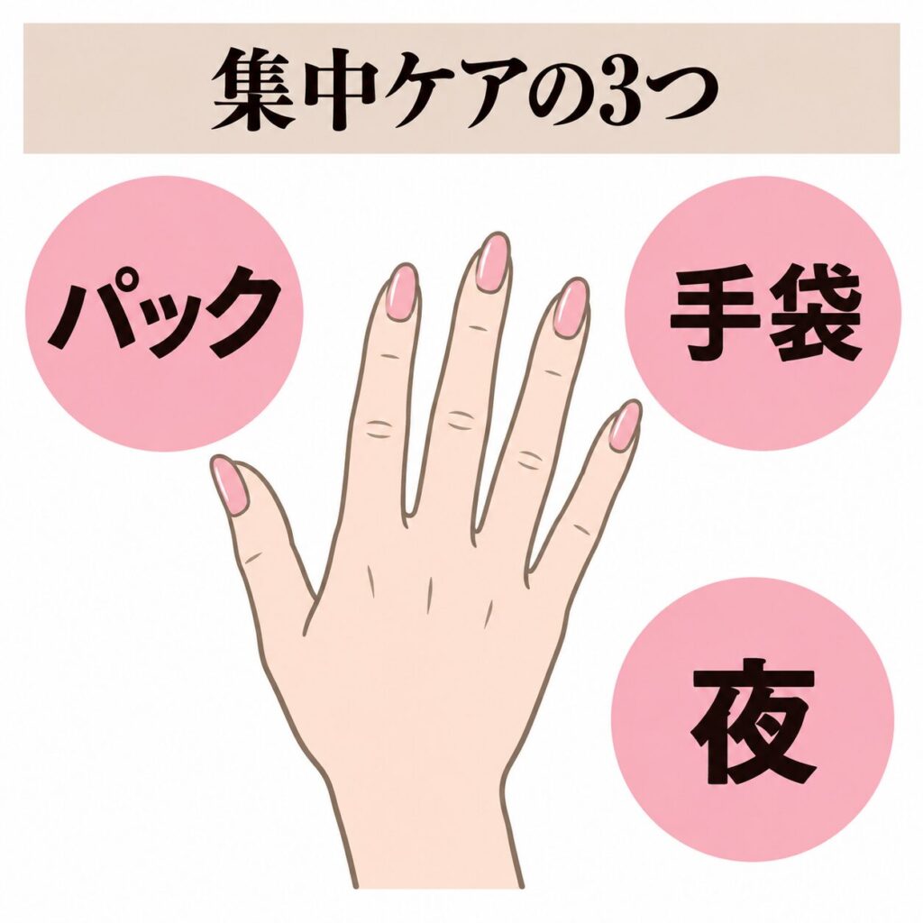 パック・手袋・夜の集中ケアの図
