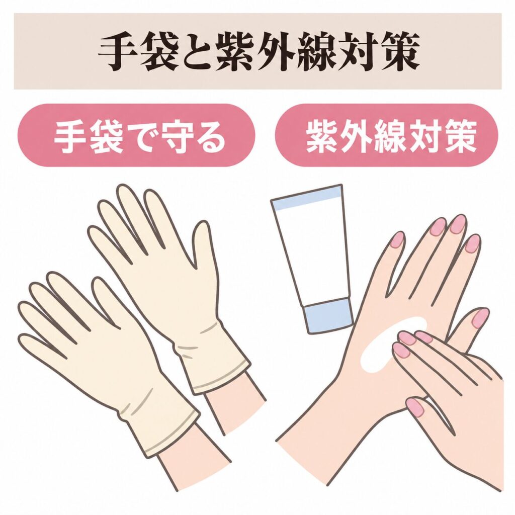 冬の外出時に手袋と紫外線対策で手を守る図