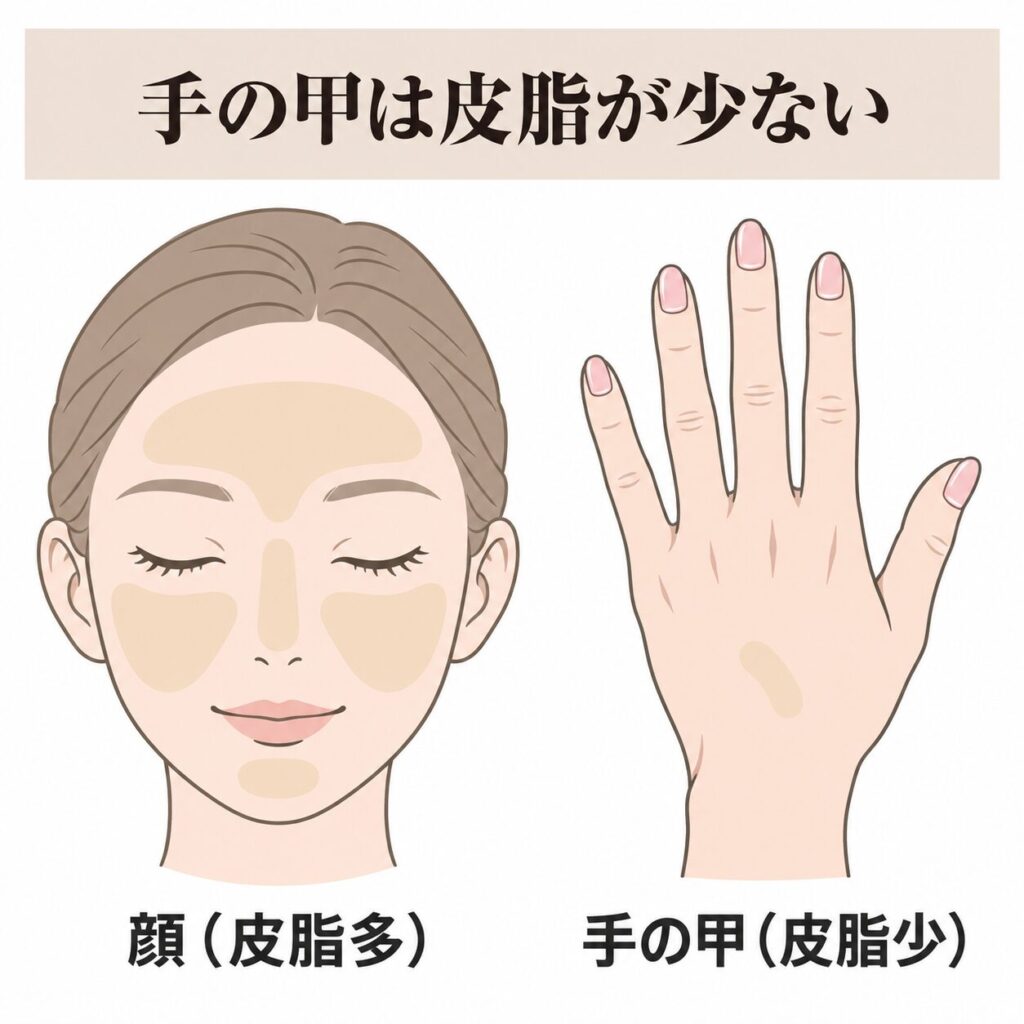 手の甲は皮脂が少なく乾燥しやすい図