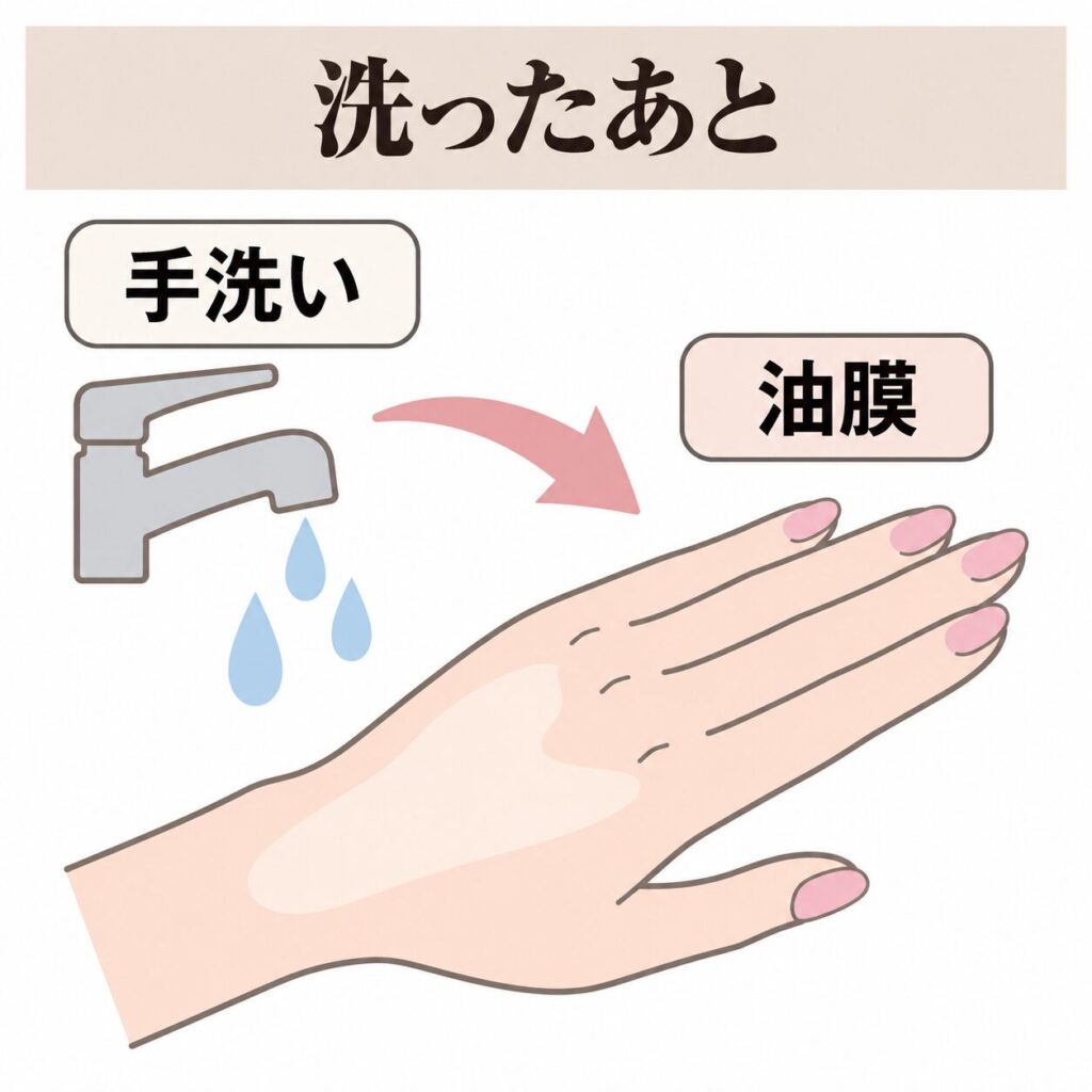 手洗いのあとにワセリンの油膜を使う流れの図