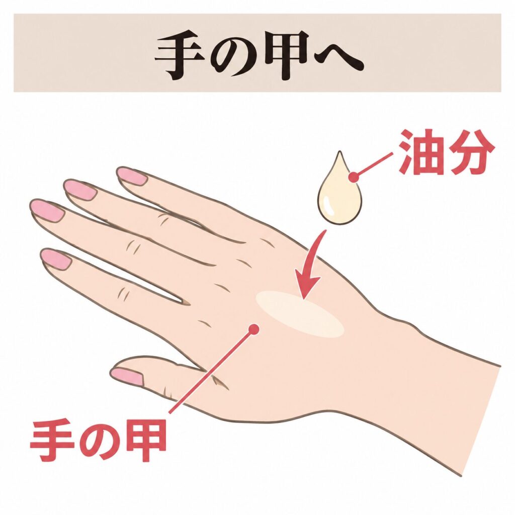 スクワランを乾きやすい手の甲に使う図