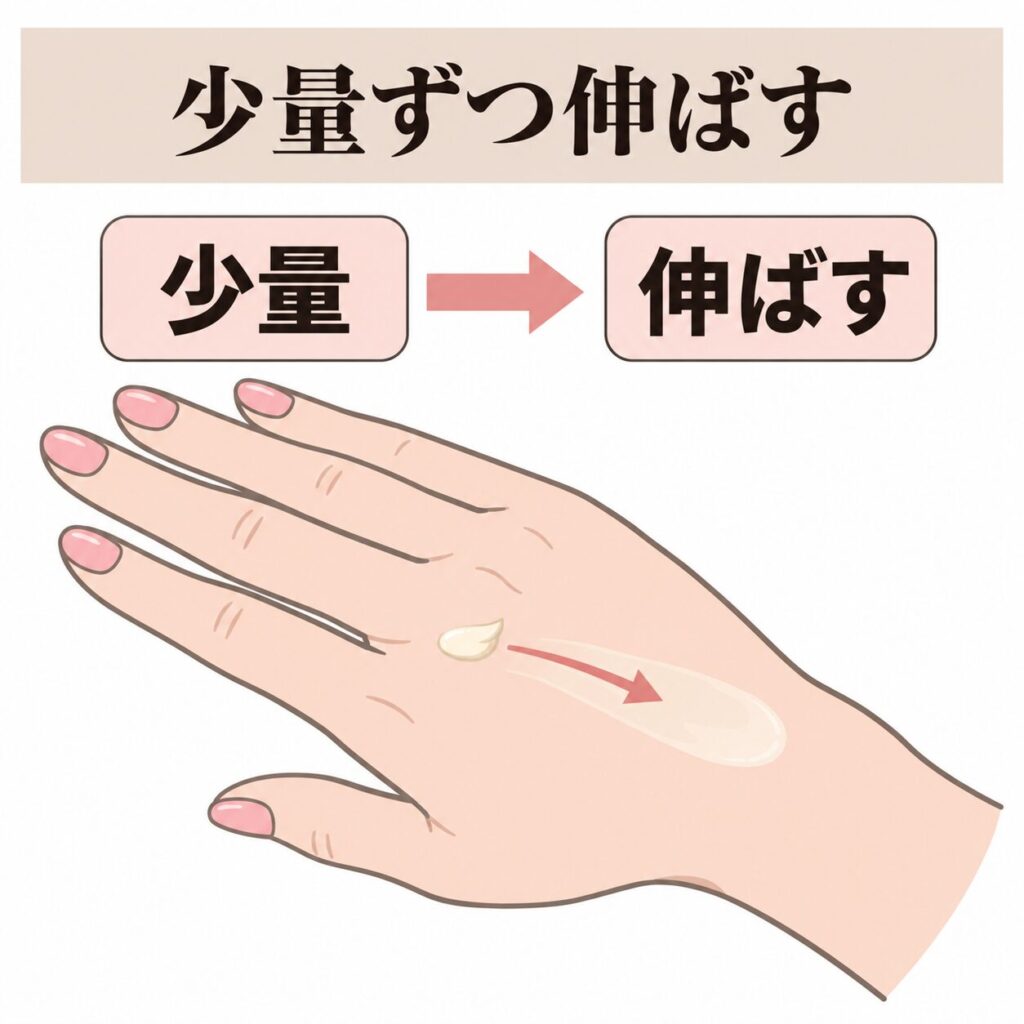 ワセリンを少量ずつ伸ばしてベタつきを調整する図