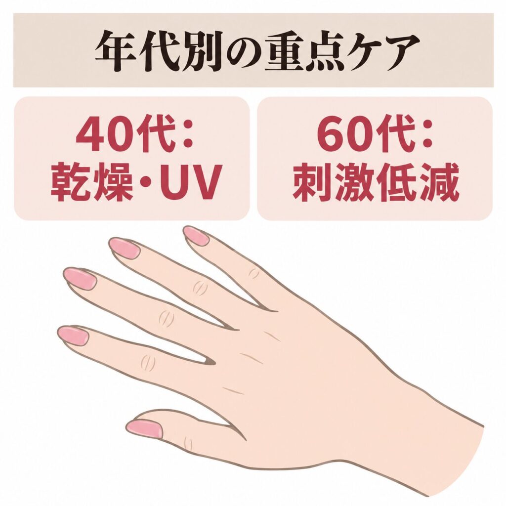年代別の手の重点ケアの違いの図