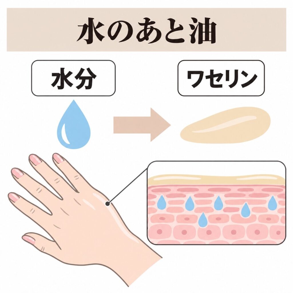 水分を補ったあとにワセリンでフタをする順番の図