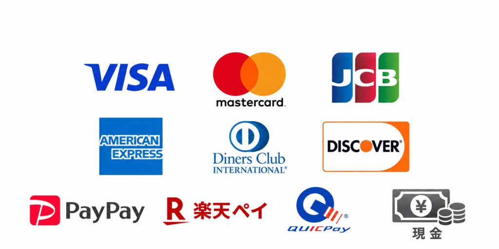 お支払い方法:Visa、Mastercard、JCB、American Express、Diners Club、Discover、PayPay、楽天ペイ、QUICPay、現金